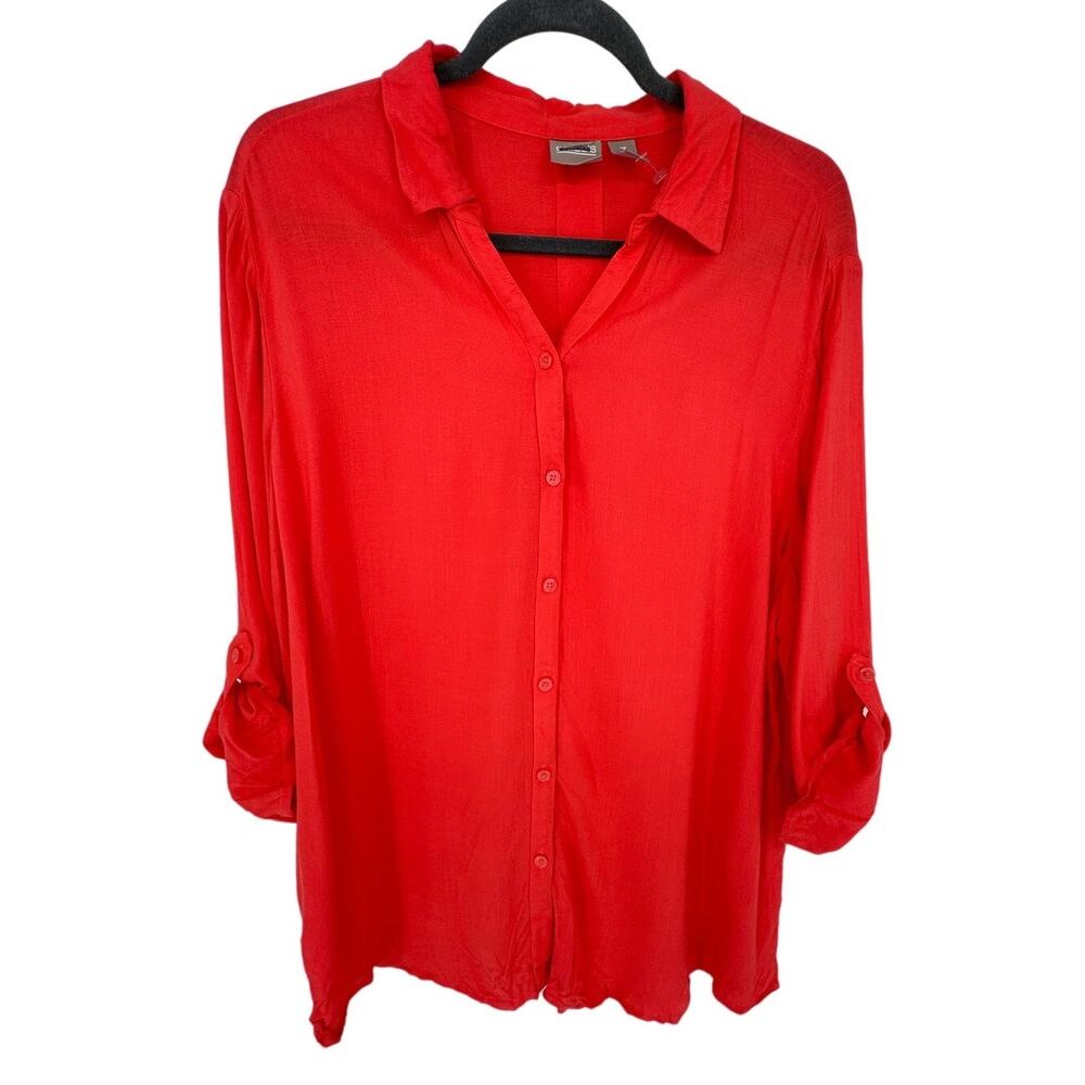 Chico's Orange Button Up Blouse Long Roll‎ Tab Sleeves Travel Summer Size XL 3